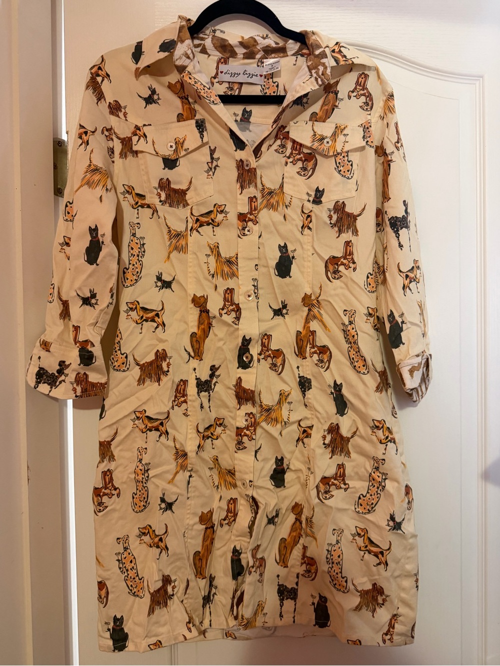Dizzy Lizzie Cream Dog Print Button-Up Shirt dress